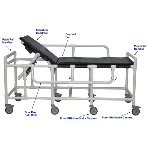 MRI Non-Magnetic Heavy Duty PVC Bariatric Gurney with 5 Position Elevating Headrest, Comfort Pad